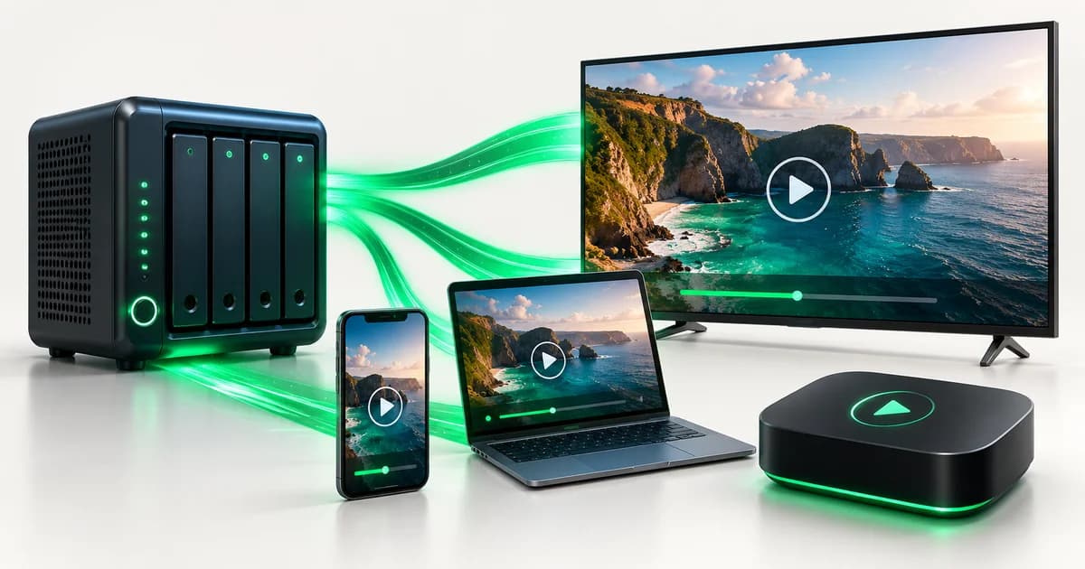 Servidor doméstico a enviar vídeo para televisão, telemóvel e portátil, ao lado de um leitor multimédia numa box