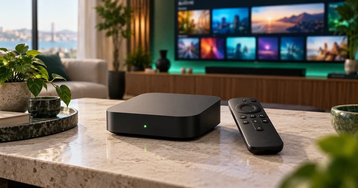 Box de streaming preta com comando numa consola, com televisão ao fundo