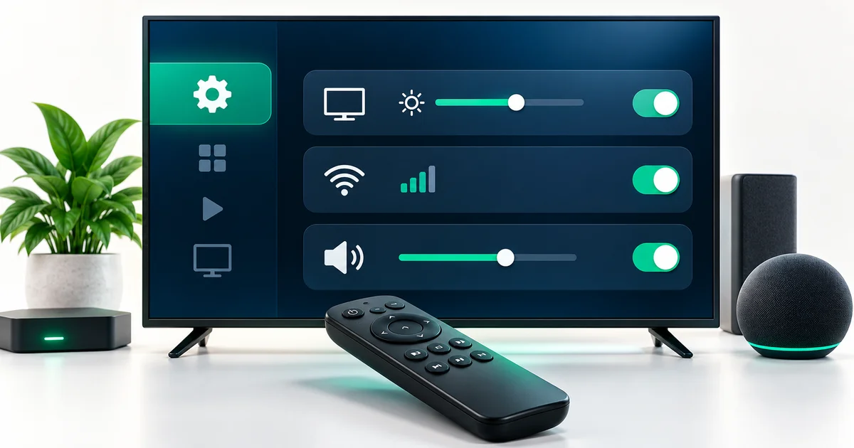 Televisão com um menu de definições com interruptores de ecrã, rede e áudio