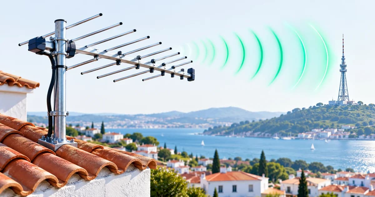 Antena exterior num telhado português apontada para um emissor distante
