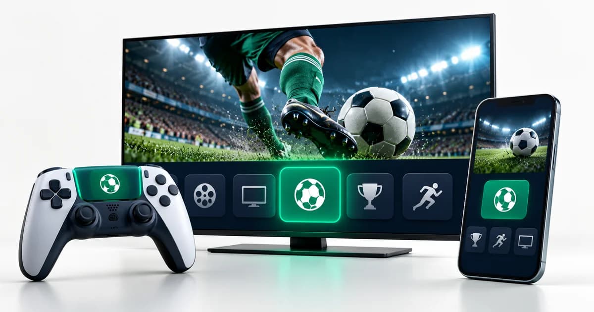 Televisão, comando de consola e telemóvel com uma aplicação desportiva destacada