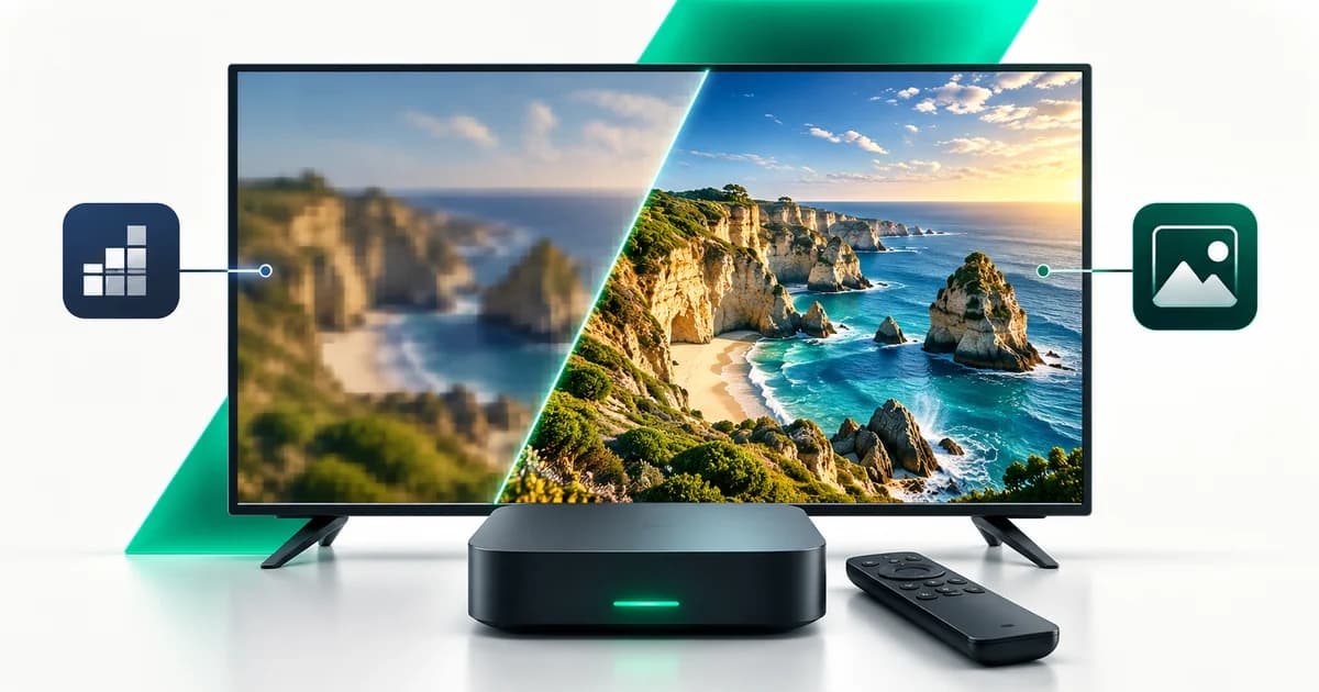 Ecrã dividido entre imagem de baixa resolução e imagem nítida em 4K