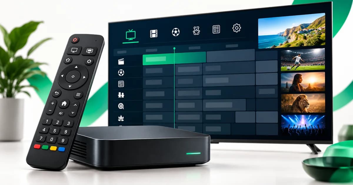 Box compacta com comando numérico com teclas de televisão, e um guia de programação ao fundo