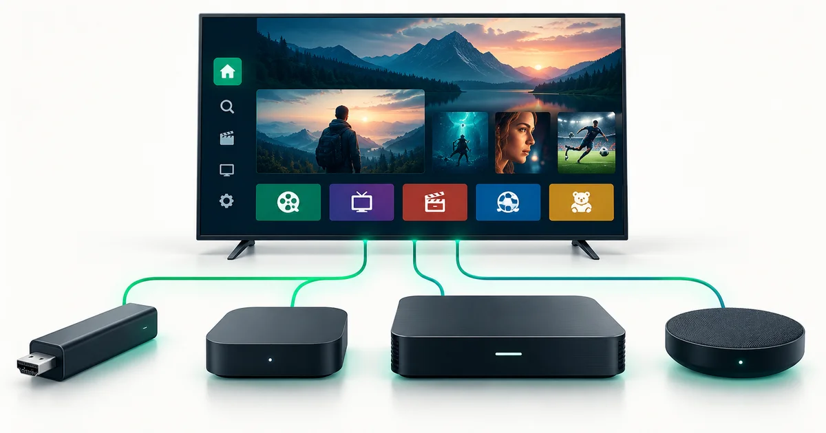 Quatro tipos de box de streaming ligados a uma televisão
