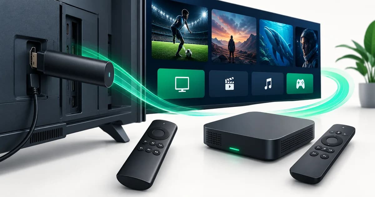 Dispositivo de streaming tubular atrás de uma televisão e uma box quadrada ao lado