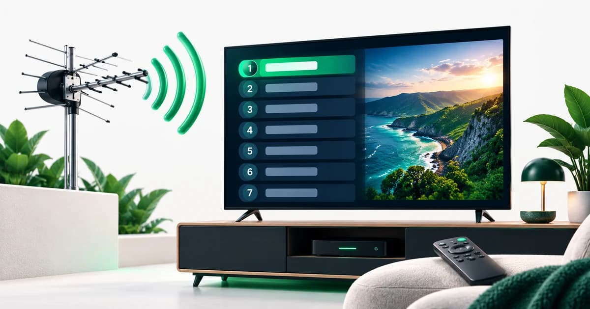 Ecrã de televisão com uma lista numerada de canais e o ícone de uma antena