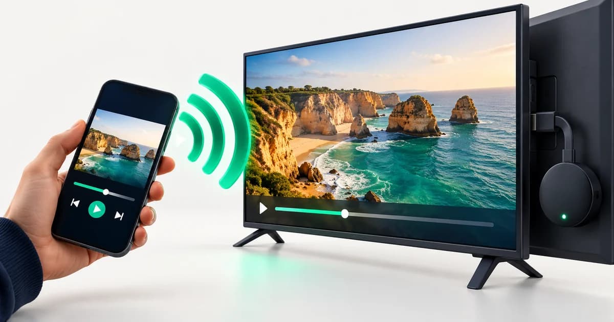 Telemóvel a enviar um vídeo sem fios para uma televisão com um pequeno dispositivo na porta HDMI