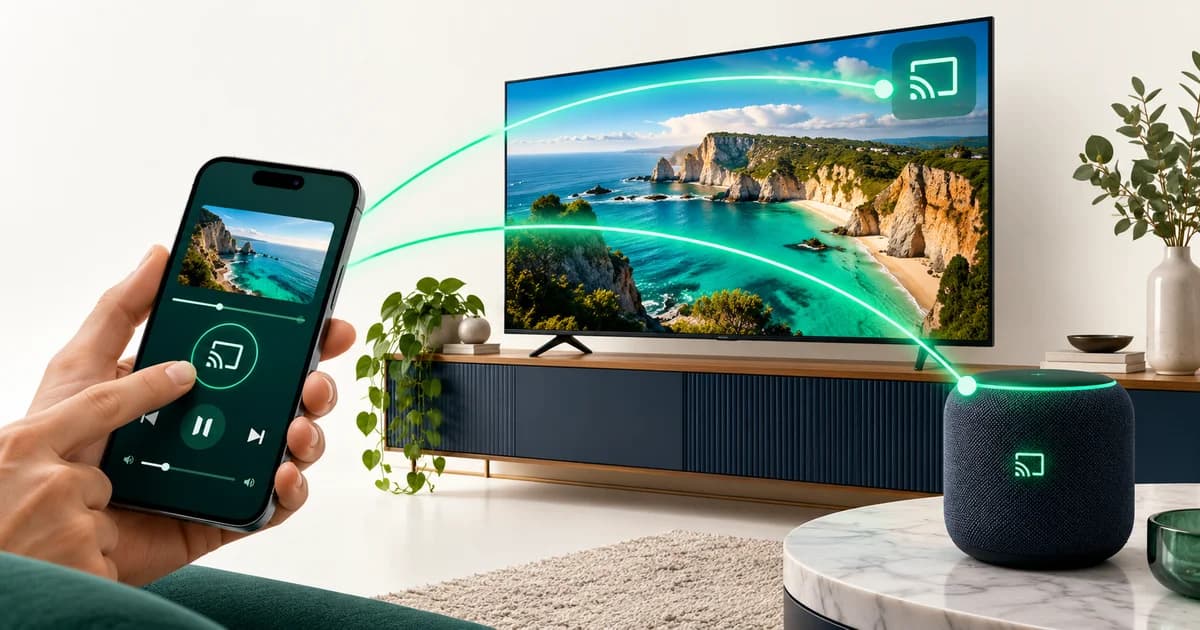 Televisão e coluna inteligente com o ícone de transmissão integrado, a receber conteúdo de um telemóvel