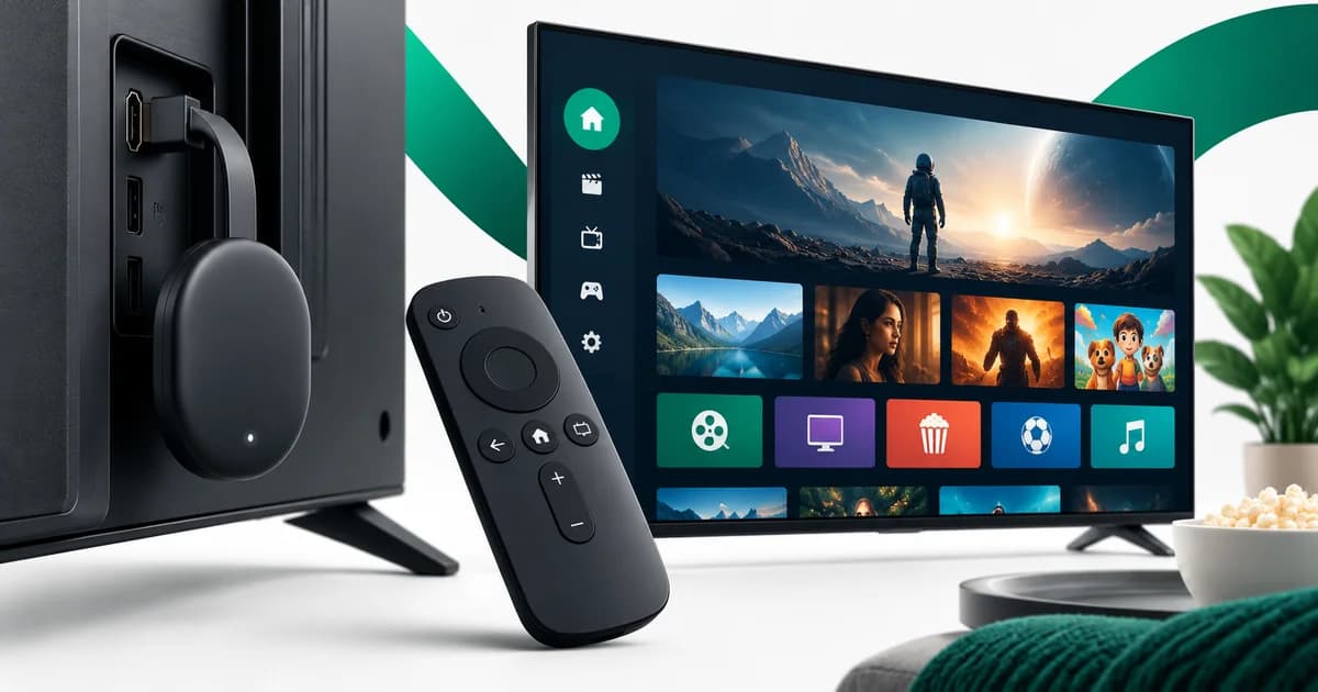 Pequeno dispositivo HDMI oval atrás de uma televisão, com comando à frente