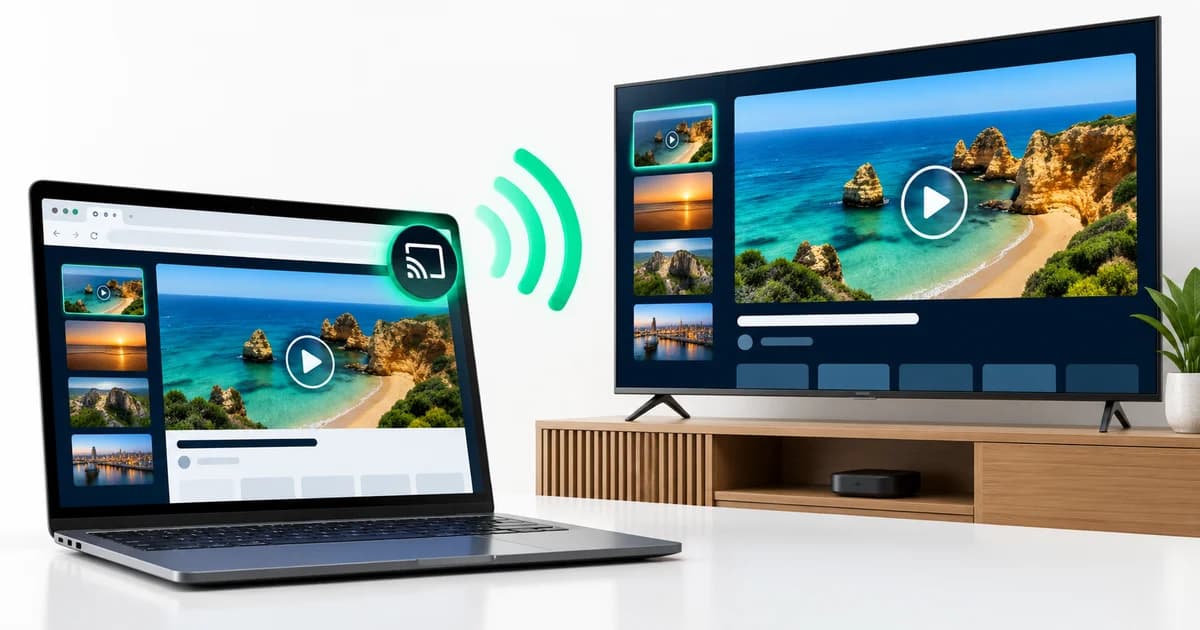 Portátil com o ícone de transmitir destacado no navegador e a mesma página na televisão