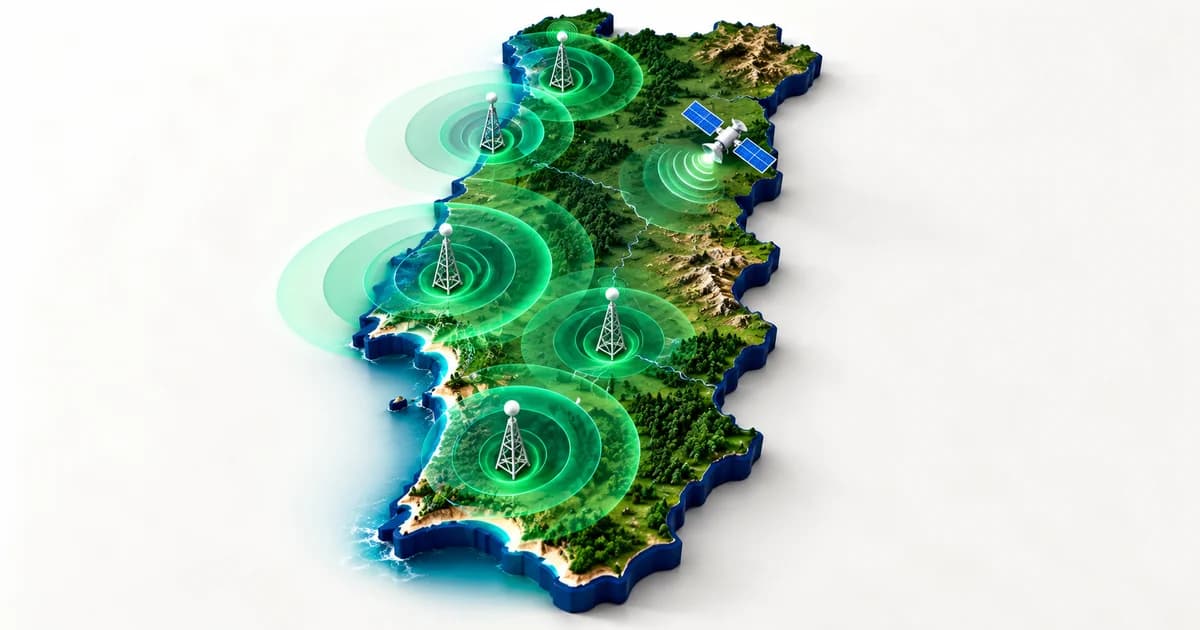 Mapa simplificado de Portugal com círculos de cobertura à volta de emissores e um ícone de satélite