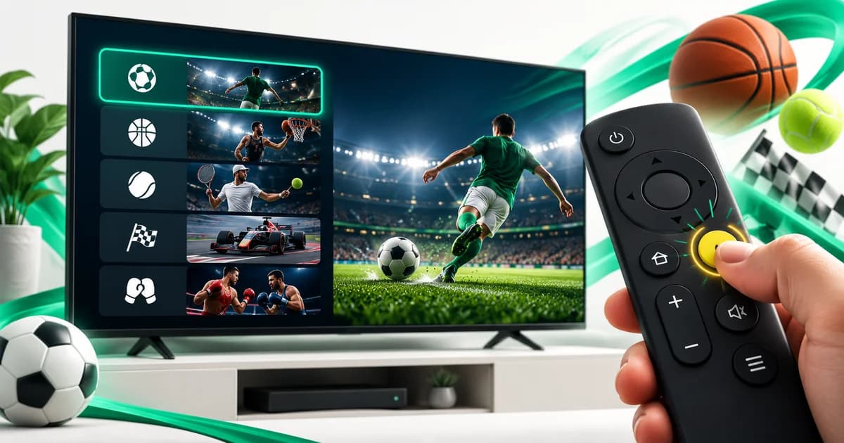 Televisão com um menu genérico de canais desportivos e um comando com o botão amarelo destacado