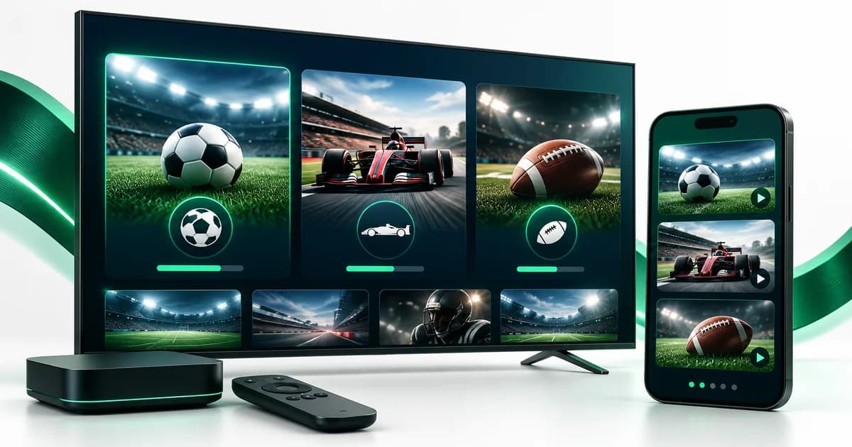 Televisão e telemóvel com uma plataforma desportiva genérica com futebol, automobilismo e futebol americano