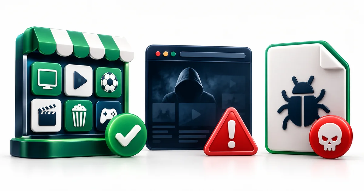 Três fontes de descarga lado a lado: loja oficial com visto, site suspeito com aviso e ficheiro com vírus