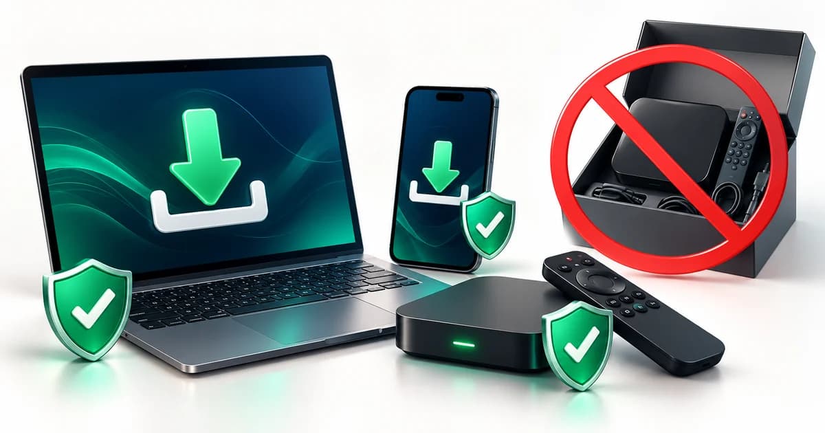 Seta de descarga para um portátil, telemóvel e box com selos de segurança, ao lado de uma box pré-carregada riscada
