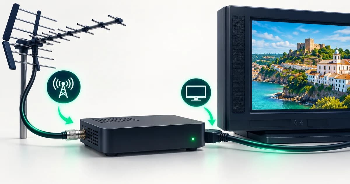 Descodificador TDT ligado a uma televisão com cabo de antena e HDMI