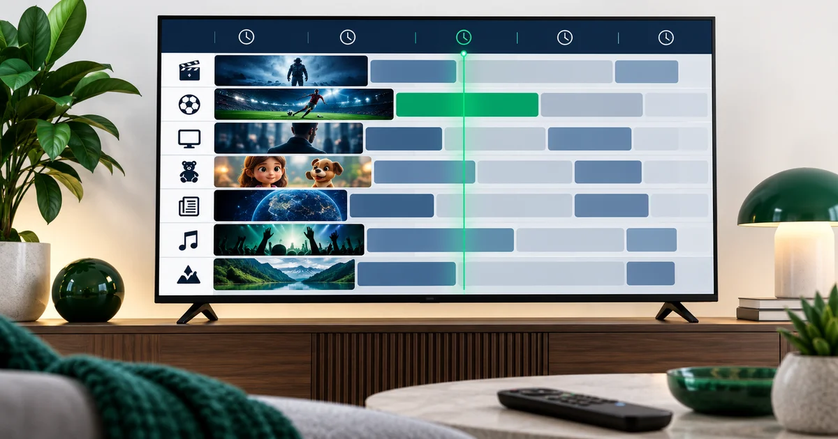 Televisão com uma grelha de programação, linhas de canais, colunas de horas e a hora atual destacada