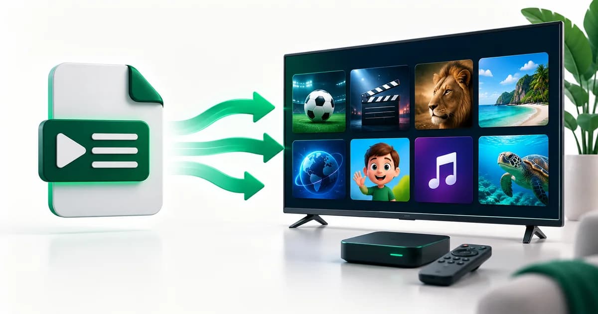Ícone de documento de texto com setas a apontar para uma televisão com canais