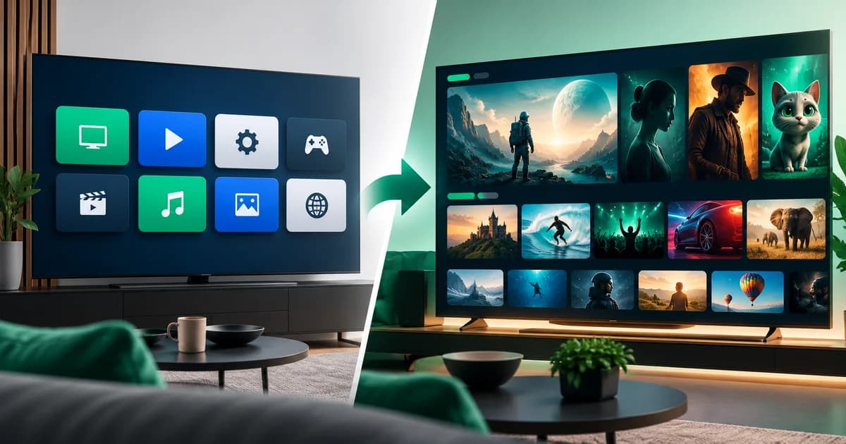 Dois ecrãs iniciais de televisão lado a lado, um com grelha de aplicações e outro com recomendações