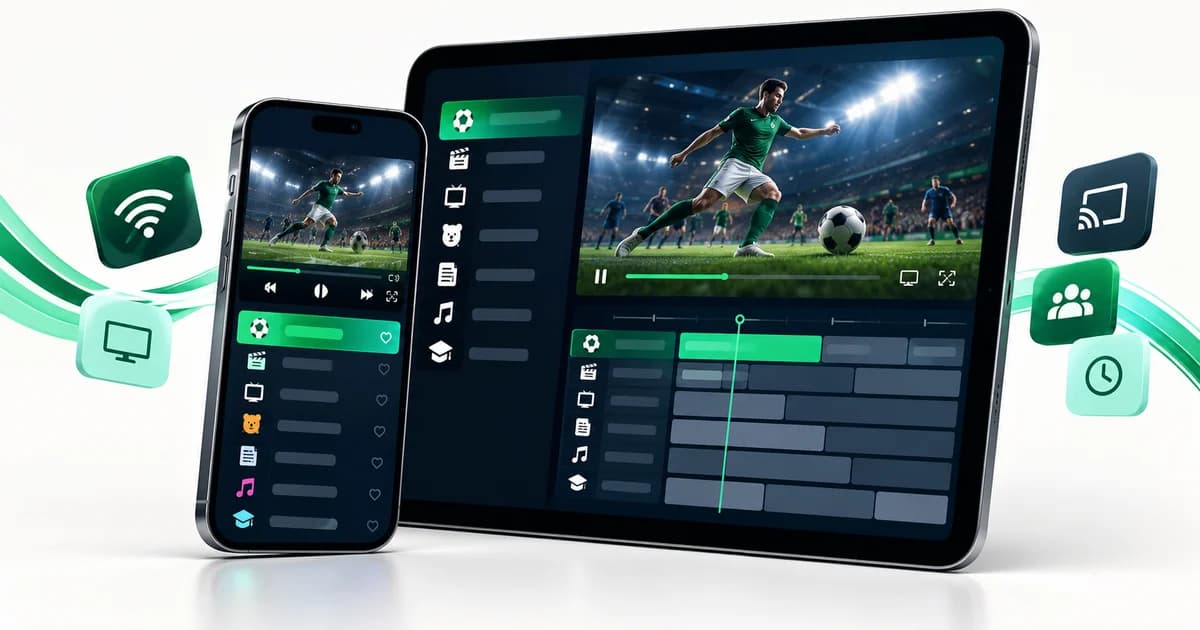 Telemóvel e tablet com um leitor de IPTV genérico, lista de canais e guia