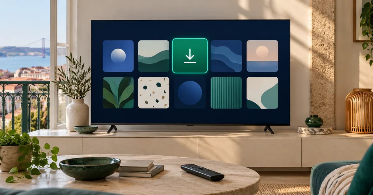 Smart TV com grelha de aplicações e uma opção de descarga destacada, com comando em primeiro plano