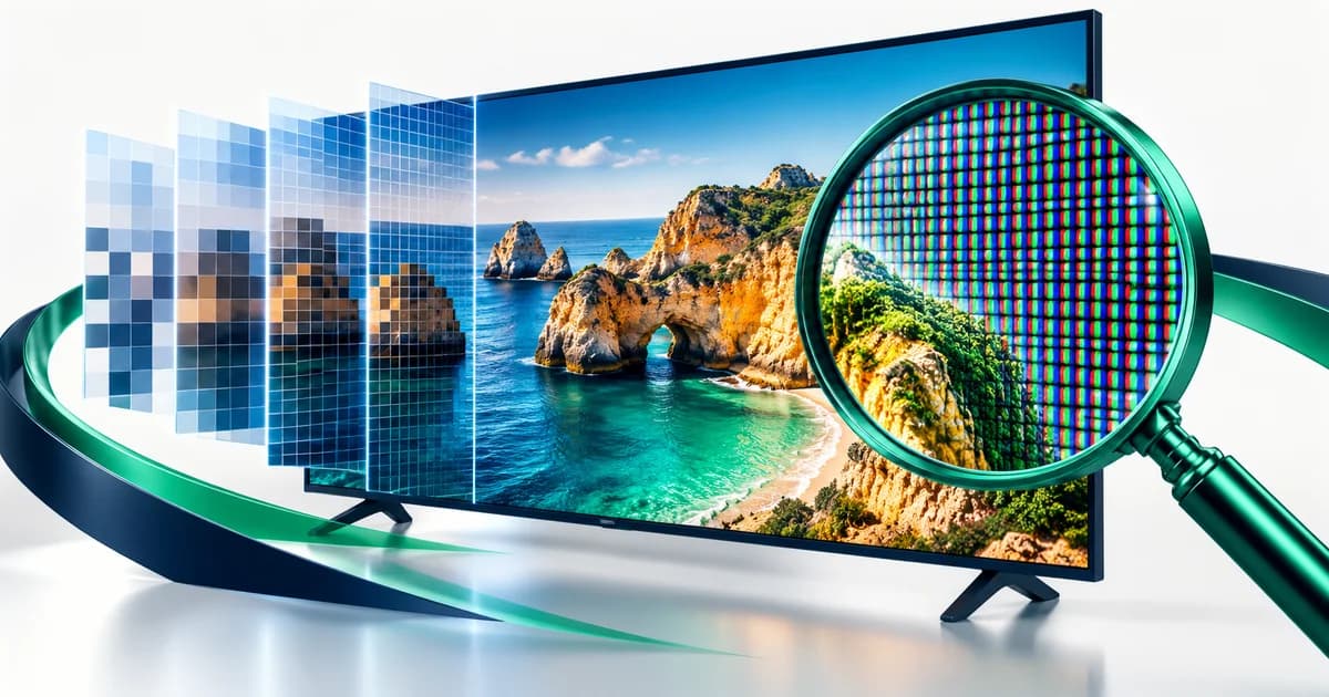 Grelha de píxeis de uma televisão a passar de grossa para muito fina, com uma lupa