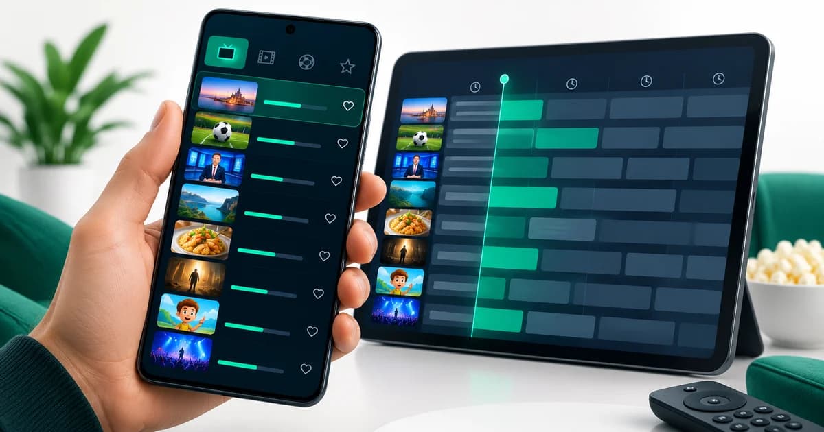 Mão a segurar um telemóvel com uma lista de canais e um tablet com guia de programação