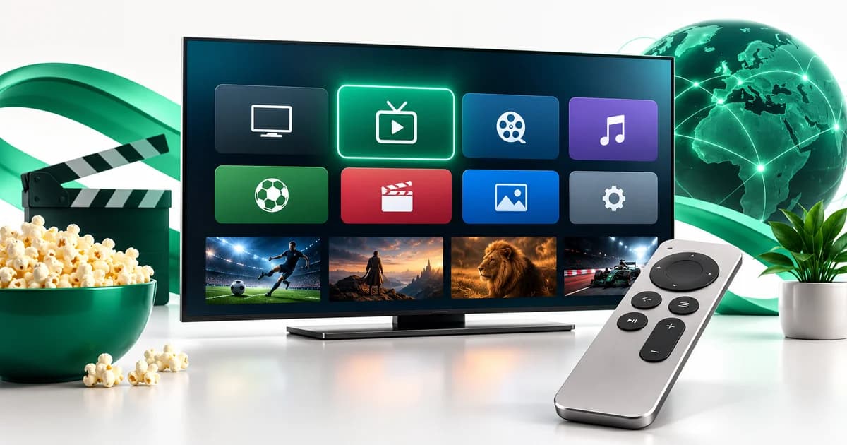 Televisão com uma grelha de aplicações e um leitor IPTV destacado, com um comando fino à frente