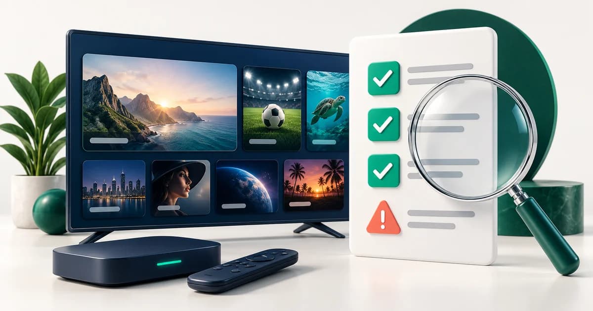 Televisão e lista de verificação com lupa para avaliar um serviço IPTV
