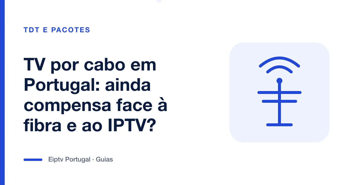 Ilustração de uma antena com ondas de sinal, a representar a comparação entre TV por cabo, fibra e IPTV